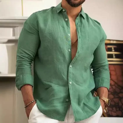 Camisa de hombre de color liso, de algodón y lino, estilo juvenil informal