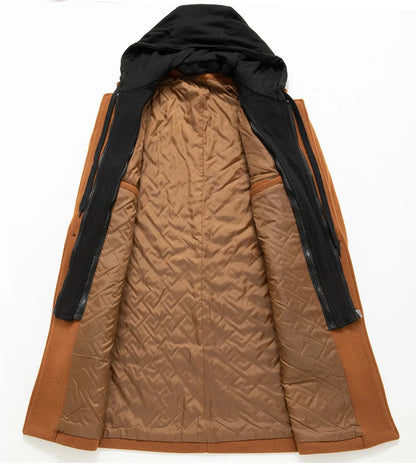 Autumn Winter Men's Wool Trench Coat Fashion Hooded Warm Long Woollen Coats Business Casual Turn Down Collar Woolen Blend Men