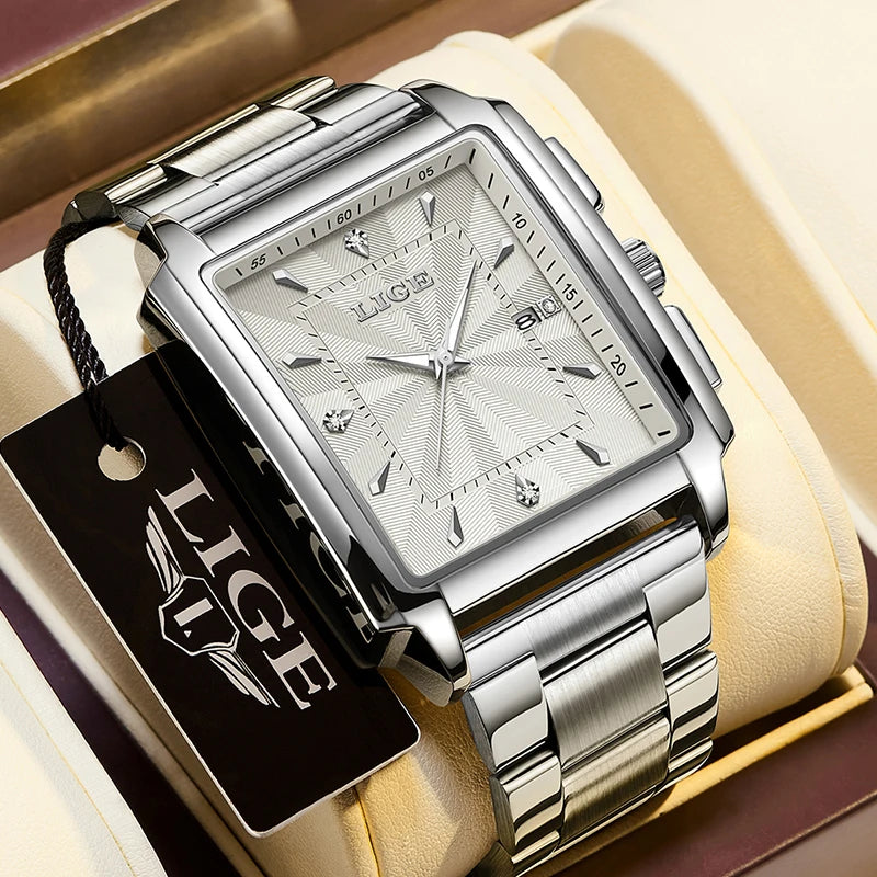 LIGE - Reloj de negocios de moda para hombre, cuadrado, deportivo, resistente al agua, marca superior, de lujo, militar, de cuarzo, cronógrafo de pulsera