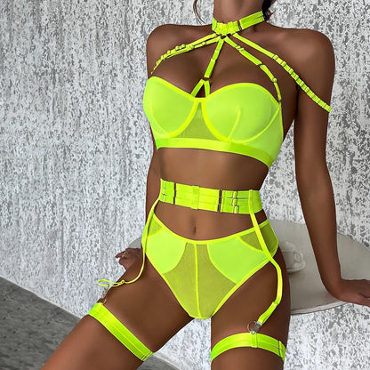 Conjunto de lencería sexy para mujer, con panel de encaje, escote en V profundo, glúteos abiertos, tirantes con forma de corazón de melocotón, cadena cruzada, liguero, ropa interior de tres piezas