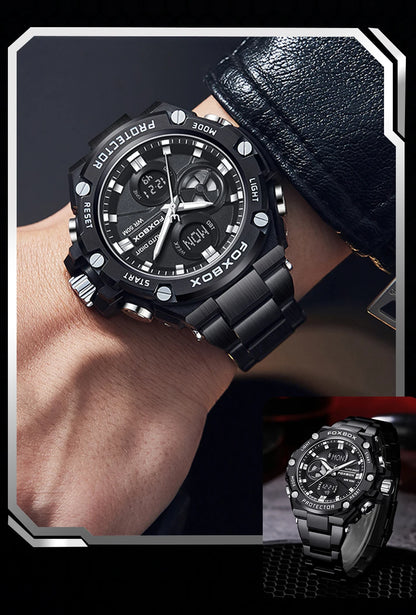FOXBOX Relojes deportivos de lujo para hombre, reloj de pulsera de cuarzo de lujo, acero, resistente al agua, doble pantalla, relojes militares para hombre, reloj hommes