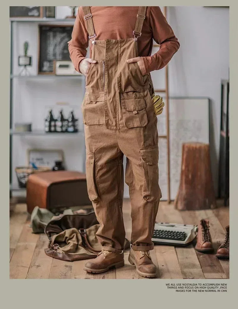 Retro American Cotton Overalls Bibs Loose Washing Jumpsuit Men's Suspenders Four Seasons Full Length Baggy Pants