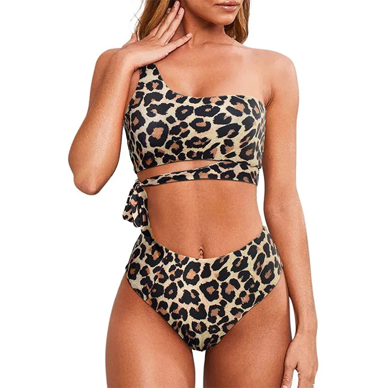 Bikini de un solo hombro para mujer, traje de baño dividido, color liso, traje de baño de playa de verano, traje de baño para mujer
