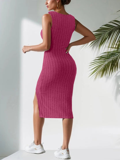 Nuevo vestido sin mangas con tirantes, falda corta con abertura lateral, falda sexy con escote cuadrado