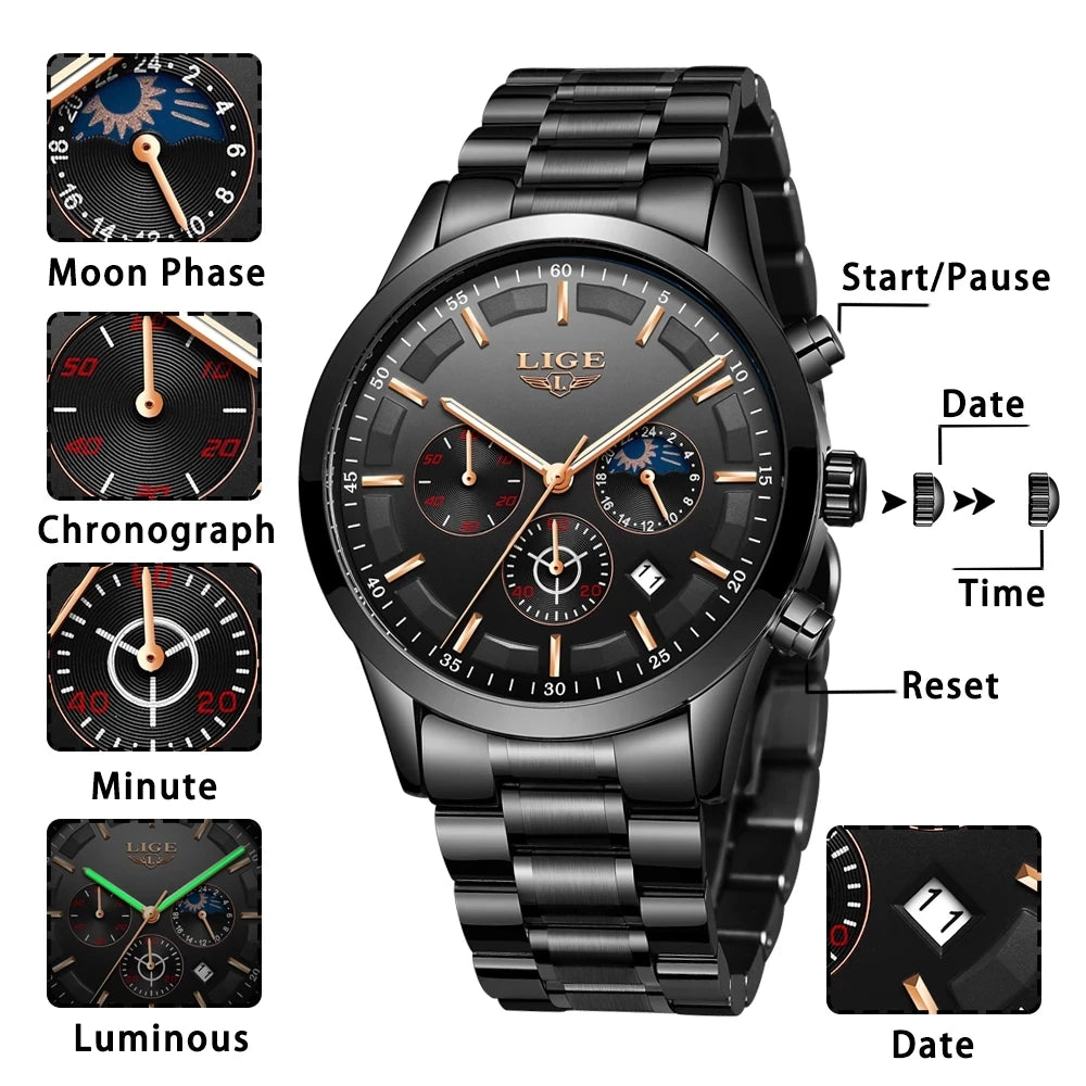 LIGE - Reloj de negocios para hombre, de cuarzo, de lujo, resistente al agua, 3 barras, cronógrafo luminoso, regalo + caja