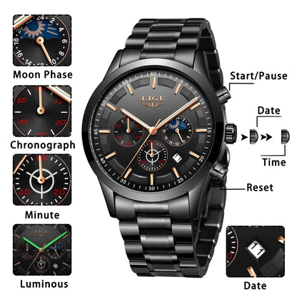 LIGE - Reloj de negocios para hombre, de cuarzo, de lujo, resistente al agua, 3 barras, cronógrafo luminoso, regalo + caja