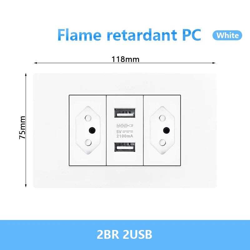 Enchufe de pared USB inteligente tipo C de 20 W con carga rápida para Italia, Chile y México; panel de interruptor de luz eléctrico de Brasil con toma USB-C universal.