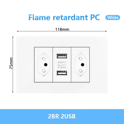 Enchufe de pared USB inteligente tipo C de 20 W con carga rápida para Italia, Chile y México; panel de interruptor de luz eléctrico de Brasil con toma USB-C universal.