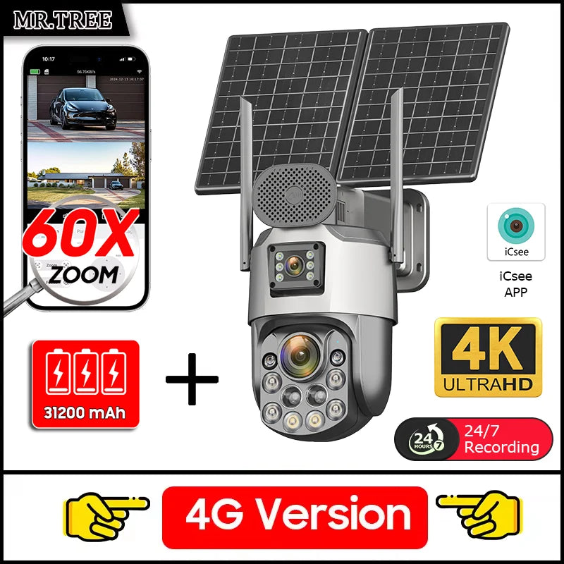 Cámara de seguridad exterior solar 4K con SIM 4G, 2 lentes/pantalla, zoom óptico 60x, seguimiento automático, PTZ 360°, videovigilancia doméstica IP.