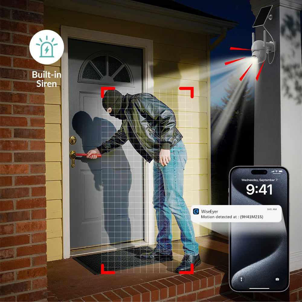 Cámara solar WiFi de 4 MP para exteriores, 2K, batería integrada, cámara de seguridad tipo domo con alimentación solar, alarma de movimiento PIR, almacenamiento en la nube y audio bidireccional.