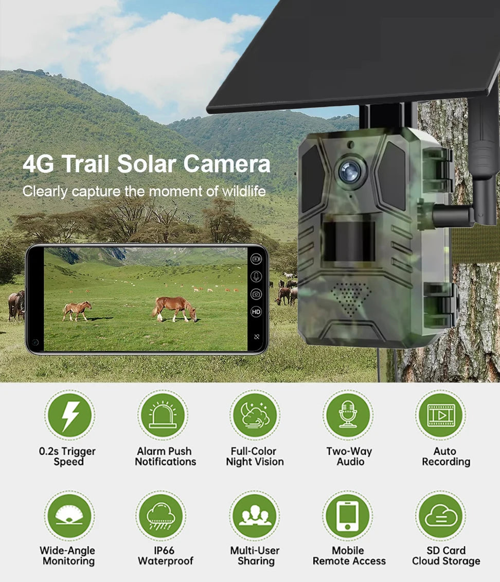 Cámara de rastreo 4G LTE con energía solar, 4MP, PIR, visión nocturna activada por movimiento, inalámbrica, celular, para caza de fauna silvestre Ucon