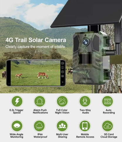 Cámara de rastreo 4G LTE con energía solar, 4MP, PIR, visión nocturna activada por movimiento, inalámbrica, celular, para caza de fauna silvestre Ucon