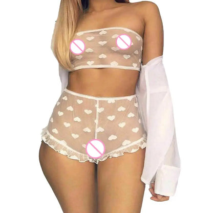 Conjunto de ropa interior erótica para mujer, top de tubo con estampado de corazones transparente, microshorts de encaje, lencería sin entrepierna, body sexy de encaje tipo babydoll.