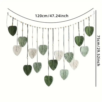 Decoración bohemia para el hogar, tapiz de macramé con hojas y plumas, decoración colgante de pared para sala de estar y dormitorio, arte de pared bohemio para el hogar.