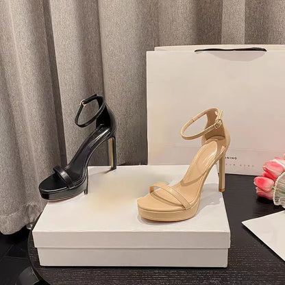 Sandalias elegantes y sexys de tacón alto para mujer, zapatos de verano con punta abierta, suela de goma y punta redonda, estilo coreano, 2025