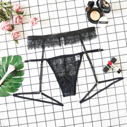 Ellolace Lencería sexy de encaje para mujer, conjunto de 3 piezas, sujetador transparente, conjunto de fiesta, lencería negra, body, conjuntos sexys