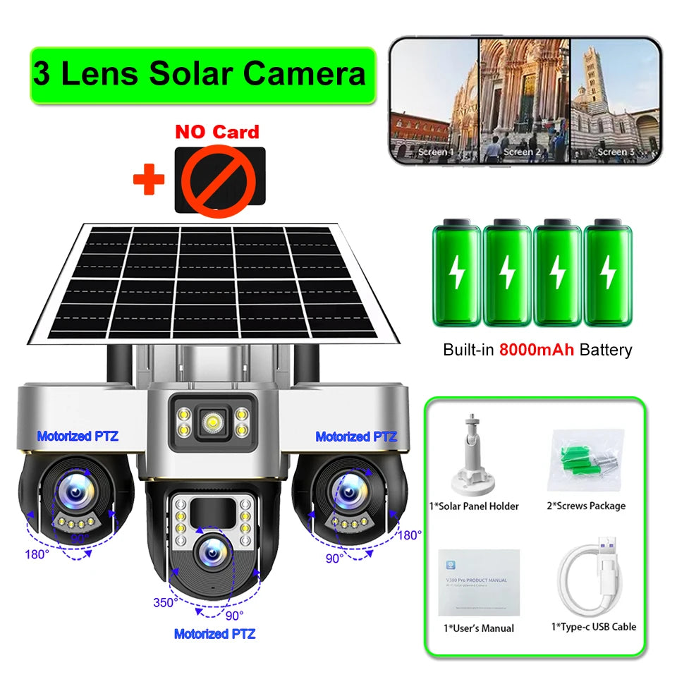 Cámara solar 4G con 3 PTZ, rotación automática, seguridad inteligente para exteriores, protección del hogar, detección humana PIR, seguimiento automático, cámaras de videovigilancia IP.