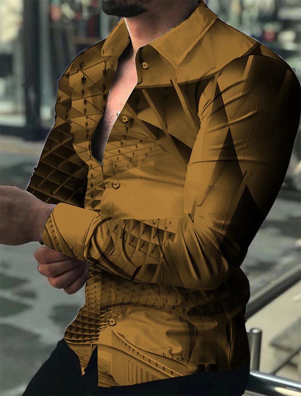 Camisa de hombre con estampado dorado, blanca, negra, roja, manga larga, cuello con botones, estilo casual y moderno, tallas grandes.