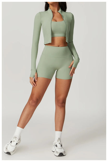 Conjunto de yoga de 3 piezas para mujer, conjuntos de entrenamiento, ropa deportiva para gimnasio, ropa deportiva con cremallera, leggings de manga larga y cintura alta, trajes deportivos, traje de yoga