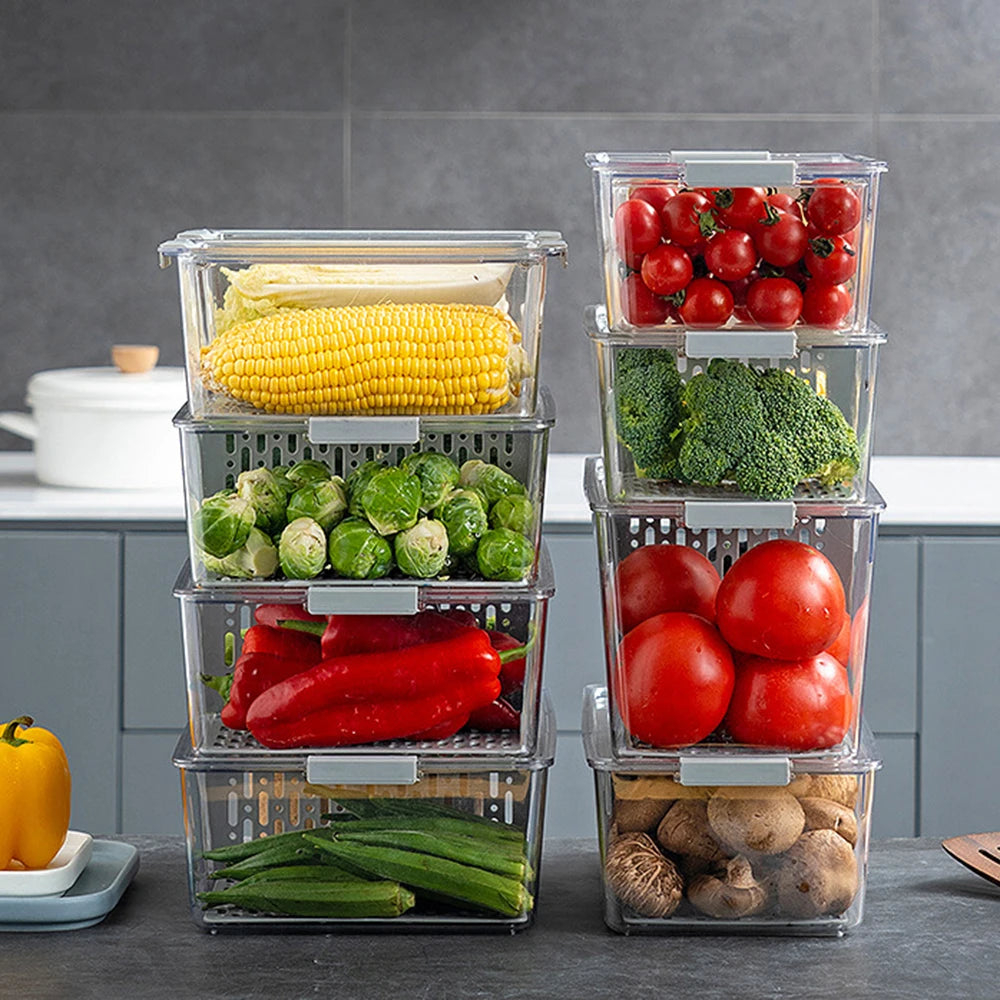 Organizador de refrigerador apilable, contenedores organizadores para refrigerador con tapas, contenedores transparentes para almacenar frutas, cajas para congelador, despensa y cocina.