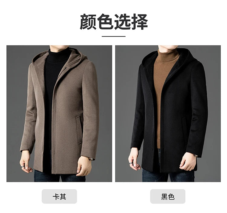 Abrigo largo de lana para hombre COMXZ, colección invierno 2025, gabardina de cachemir de diseño, chaqueta con capucha y forro de plumón de pato blanco, abrigo de lana de lujo