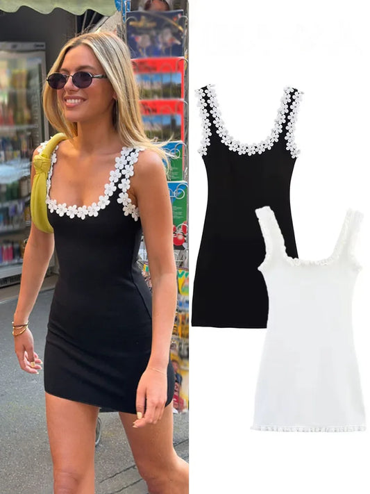 Vestido de verano sexy y ajustado para mujer HH, 2 colores lisos, cuello cuadrado, sin mangas, espalda descubierta, decoración floral.