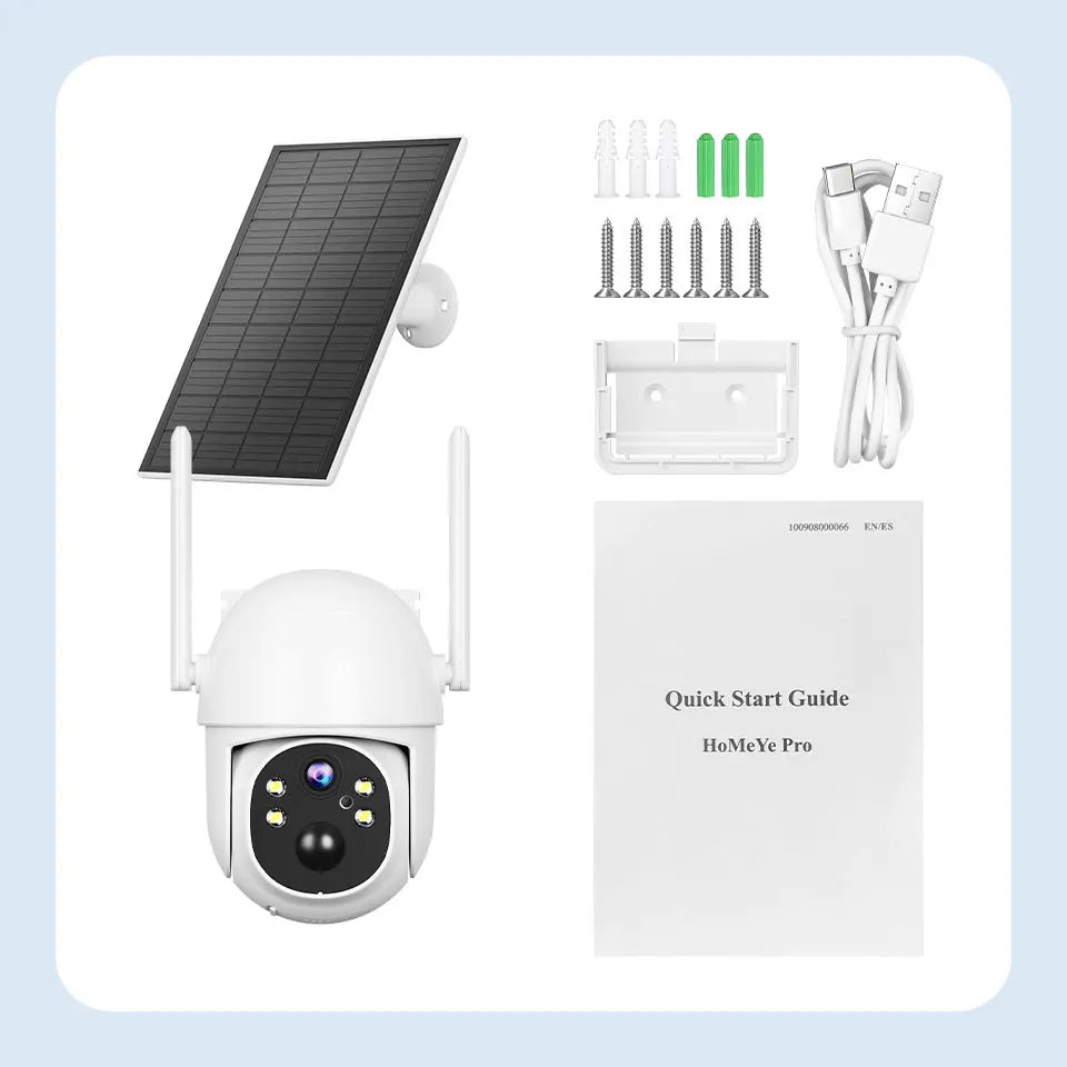 Cámara solar WiFi de 4 MP para exteriores, 2K, batería integrada, cámara de seguridad tipo domo con alimentación solar, alarma de movimiento PIR, almacenamiento en la nube y audio bidireccional.