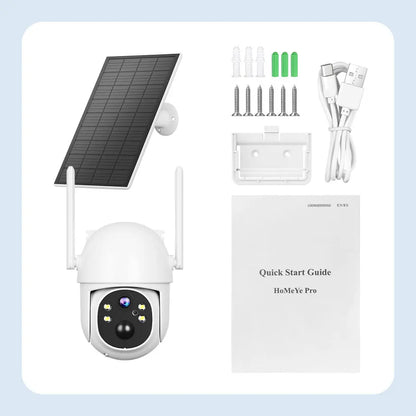 Cámara solar WiFi de 4 MP para exteriores, 2K, batería integrada, cámara de seguridad tipo domo con alimentación solar, alarma de movimiento PIR, almacenamiento en la nube y audio bidireccional.