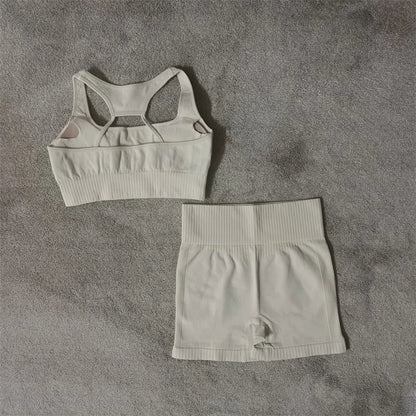 Conjunto de yoga fitness sin costuras para mujer, ropa deportiva de cintura alta, leggings, pantalones cortos de dos piezas, ropa de gimnasio para mujer