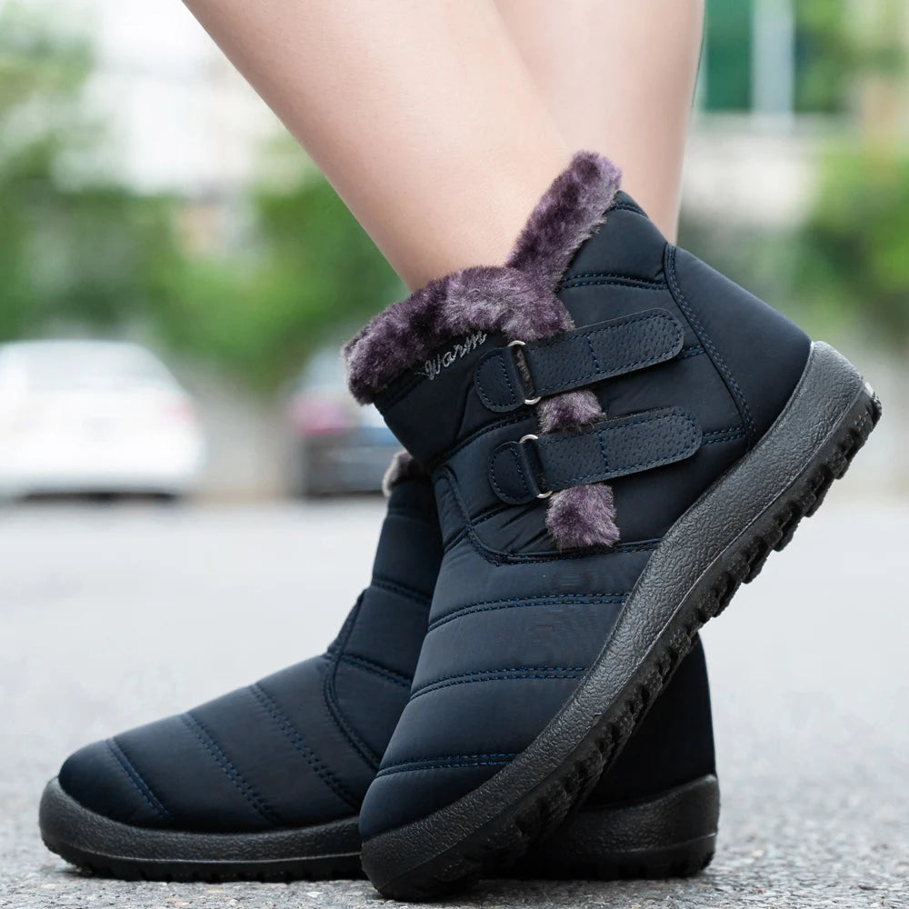 Botas de nieve cálidas de piel para mujer, botines de tobillo de talla grande, informales, planos, de invierno, antideslizantes, a la moda, impermeables