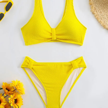 Nuevo traje de baño de dos piezas de bikini 2025, color puro, alta elasticidad, monocromático, ajuste cómodo, ropa de playa para mujer.