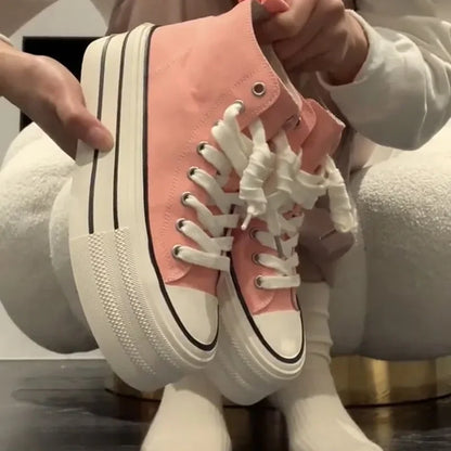 Zapatos de lona altos para mujer, transpirables, con suela gruesa de goma, estilo universitario, versátiles, para verano, color blanco