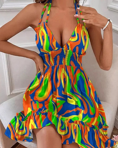 Vestido sexy de tirantes con escote en V profundo para mujer, espalda abierta y pliegues paralelos, popular entre Europa y América.