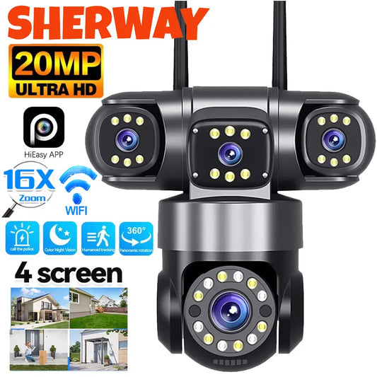 Cámara de seguridad para el hogar 10K 20MP para exteriores con WiFi, 4 lentes, 4 pantallas, zoom 360° 16X, CCTV, vigilancia inalámbrica, PTZ, protección de seguridad