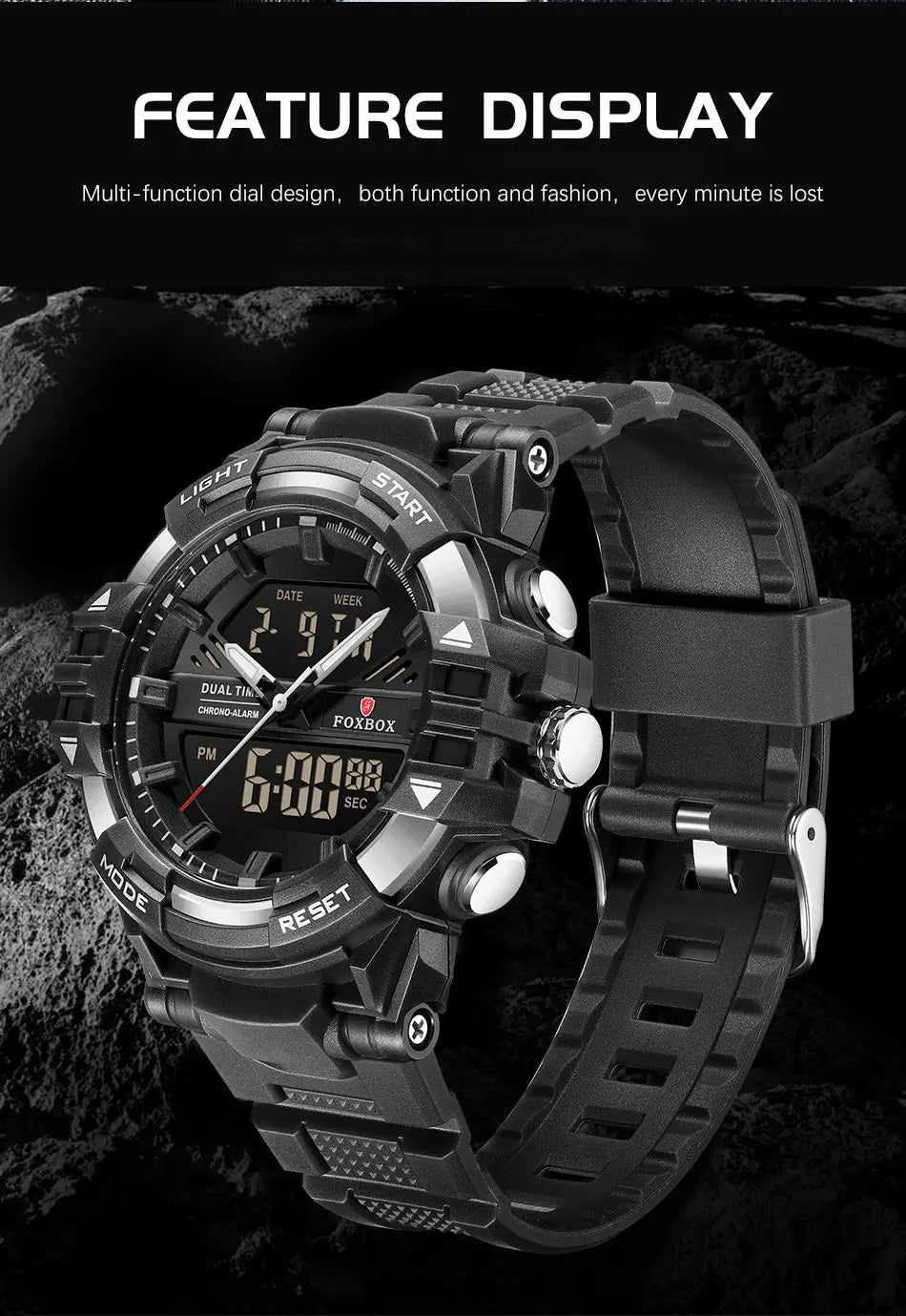 LIGE FOXBOX - Reloj electrónico deportivo informal de moda para hombre, con pantalla digital LED, resistente al agua hasta 50 m, alarma y fecha, con caja