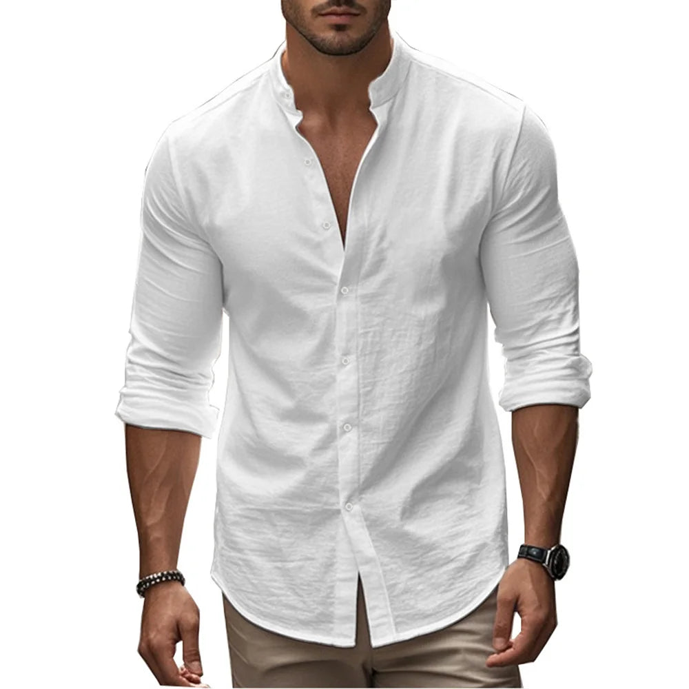 Camisas Henry para hombre, de algodón y lino, corte ajustado, informales, hawaianas, de color liso, estilo básico, para primavera y verano, transpirables.