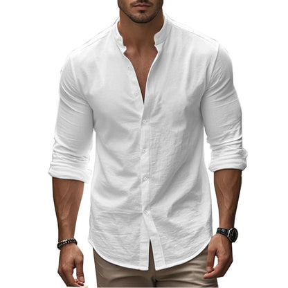 Camisas Henry para hombre, de algodón y lino, corte ajustado, informales, hawaianas, de color liso, estilo básico, para primavera y verano, transpirables.