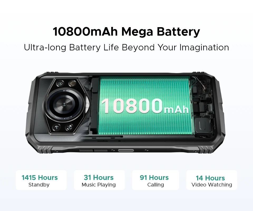 Teléfono resistente DOOGEE S Cyber ​​Pro, 12 GB de RAM, 512 GB de almacenamiento, procesador Helio G100, pantalla IPS FHD+ de 6,6" y 120 Hz, batería de gran capacidad de 10800 mAh, carga de 33 W y NFC.