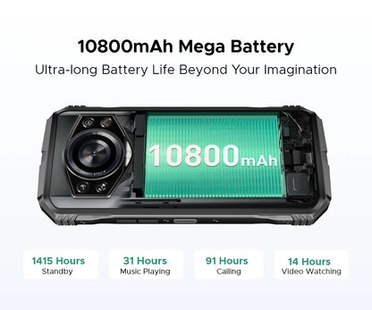 Teléfono resistente DOOGEE S Cyber ​​Pro, 12 GB de RAM, 512 GB de almacenamiento, procesador Helio G100, pantalla IPS FHD+ de 6,6" y 120 Hz, batería de gran capacidad de 10800 mAh, carga de 33 W y NFC.