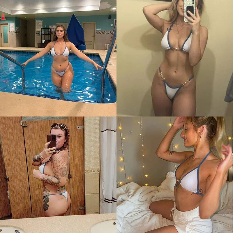 Traje de baño para mujer 2025, traje de baño de dos piezas con cuello halter, conjunto de bikini para mujer, ropa de playa de verano, traje de baño con cordón ajustable, tanga, copa triangular