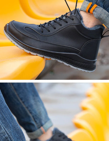 Calzado de seguridad de felpa para trabajos de invierno, resistente a impactos y perforaciones, fabricado en piel sintética de microfibra y algodón.