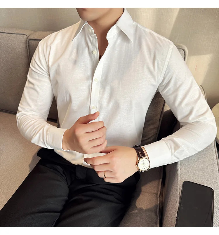 Camisa de hombre de color liso de alta calidad, 55 % algodón y 45 % lino, transpirable y con absorción de sudor, de manga larga. Tallas M-4XL.