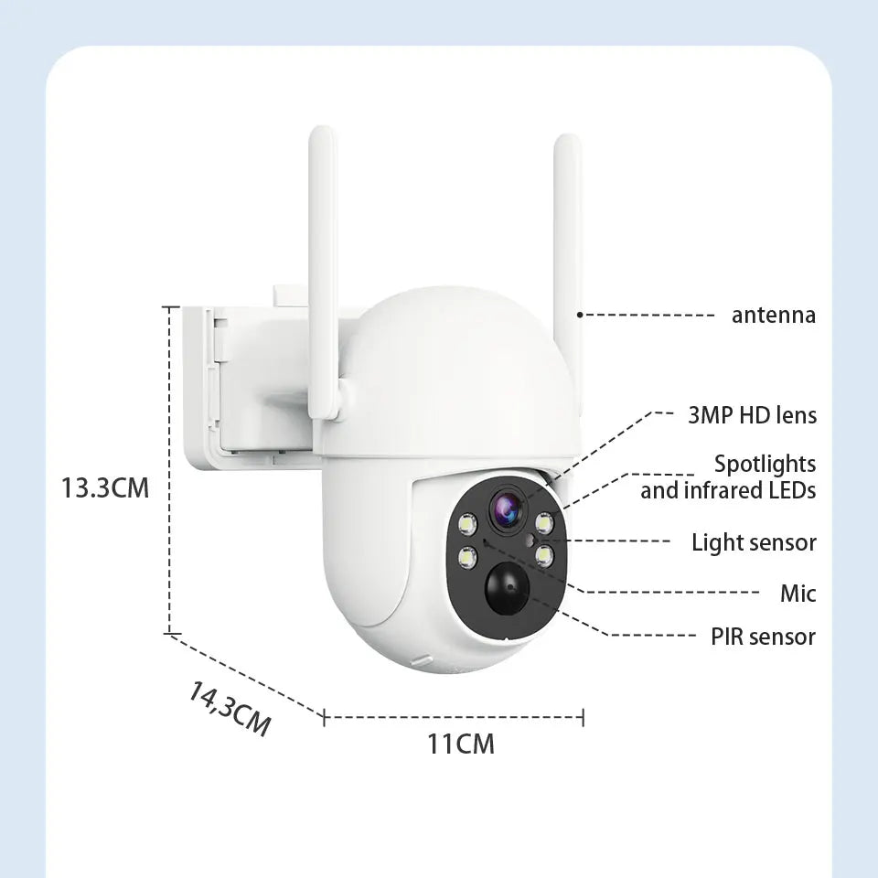 Cámara solar WiFi de 4 MP para exteriores, 2K, batería integrada, cámara de seguridad tipo domo con alimentación solar, alarma de movimiento PIR, almacenamiento en la nube y audio bidireccional.