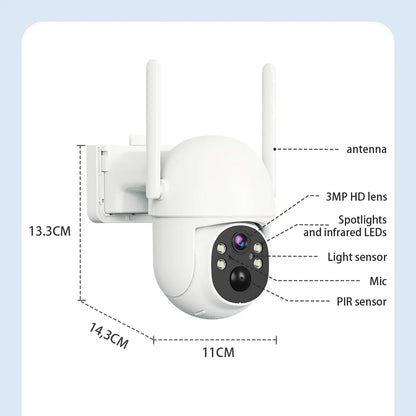 Cámara solar WiFi de 4 MP para exteriores, 2K, batería integrada, cámara de seguridad tipo domo con alimentación solar, alarma de movimiento PIR, almacenamiento en la nube y audio bidireccional.