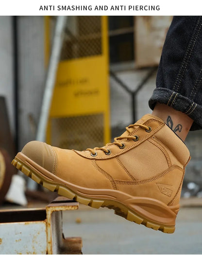 Botas de seguridad de lujo de caña alta en piel de vacuno para hombre, con puntera de acero, protección antiimpactos y antipinchazos, resistentes al desgaste.