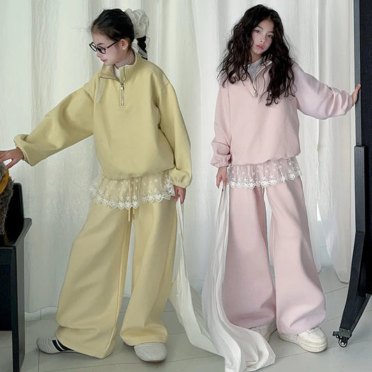 Conjunto de ropa infantil de primavera y otoño para niñas, sudadera de manga larga y pantalones de dos piezas, ropa deportiva informal de encaje para niños