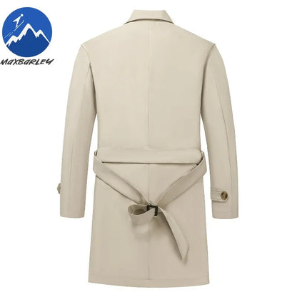 Abrigo largo Maxbarley para hombre, estilo gabardina, marca coreana, color liso, con cinturón, colección otoño 2025. Nuevo diseño de chaqueta cortavientos de un solo botón.