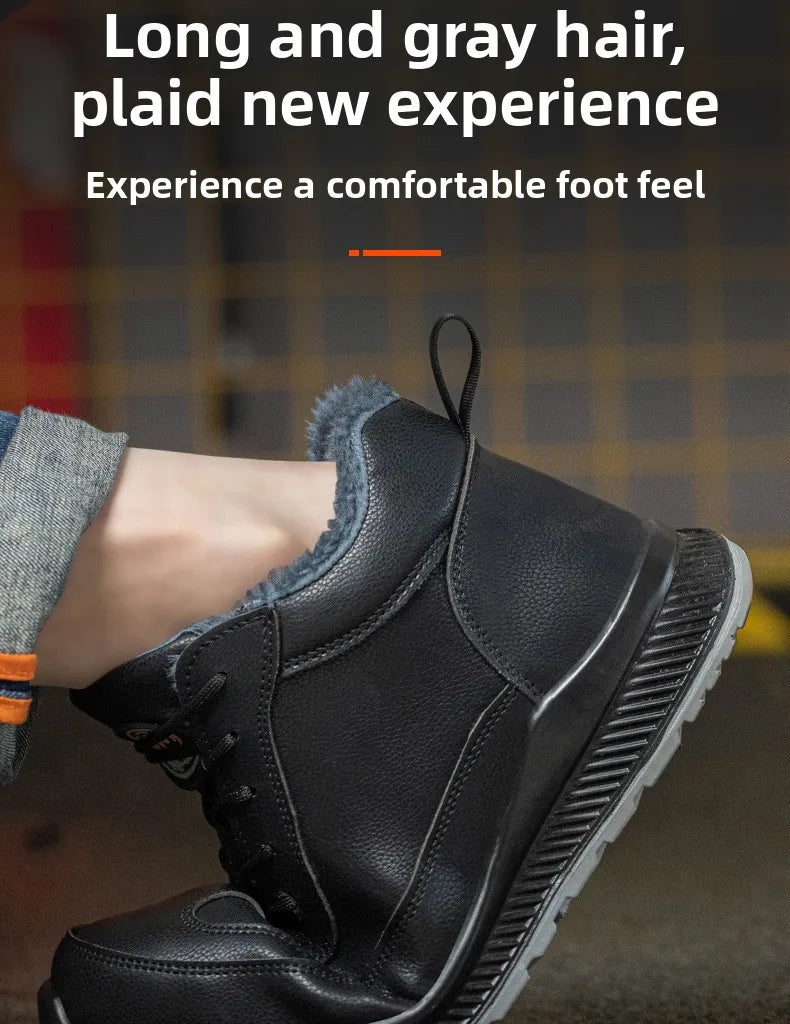 Calzado de seguridad de felpa para trabajos de invierno, resistente a impactos y perforaciones, fabricado en piel sintética de microfibra y algodón.