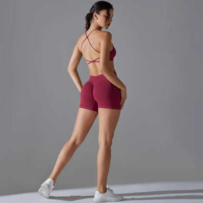 Conjunto deportivo de yoga, mallas de gimnasio de secado rápido, tirantes cruzados con absorción de impactos, pantalones cortos de ciclismo para mujer, entrenamiento de yoga.