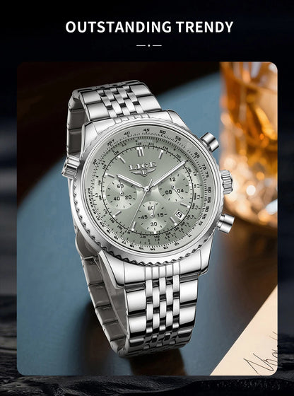 Relojes de lujo LIGE para hombre, cronógrafo con fecha, acero inoxidable, resistente al agua, luminoso, deportivo, militar, de cuarzo